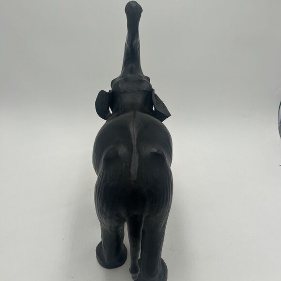 Vintage 12" Leather Wrapped Elephant Black Leather Ears Trunk Up Lucky Decor - Picture 5 of 7